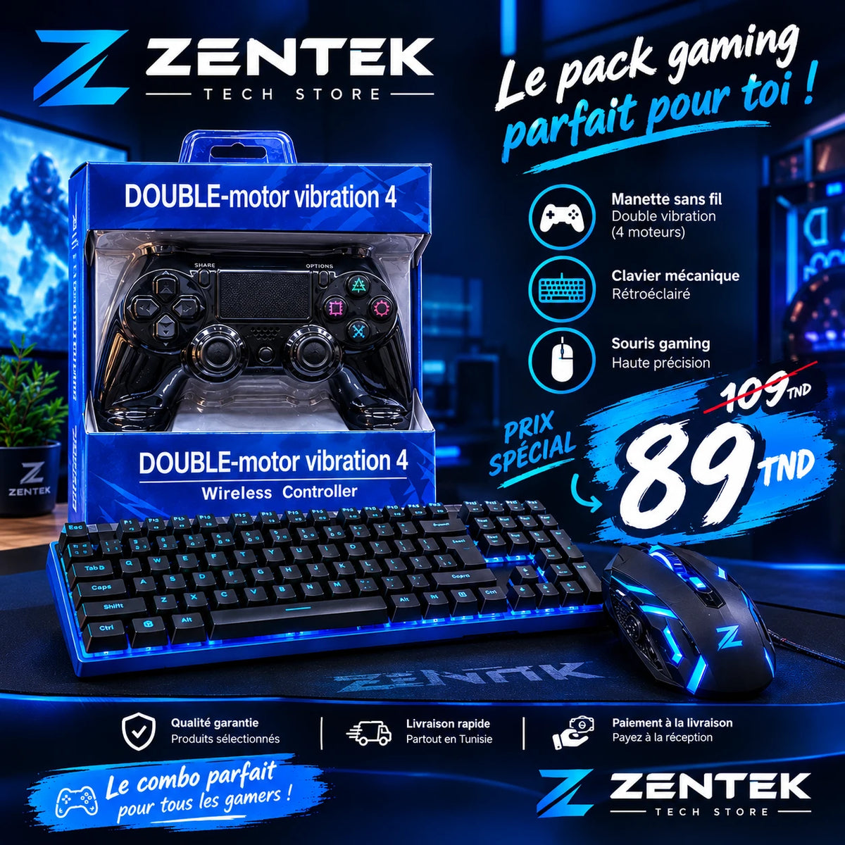 Pack Gaming Zentek : manette sans fil, clavier mécanique rétroéclairé et souris gaming